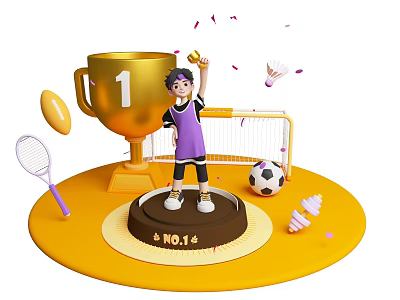 Interactive Zone Featuring Boy Holding Golden Trophy and Sports Items with Confetti 3d model