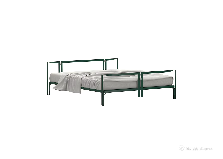 Modern Green Metal Double Bed Frame With Simple Design And Light Sheet For Bedroom 3d model 