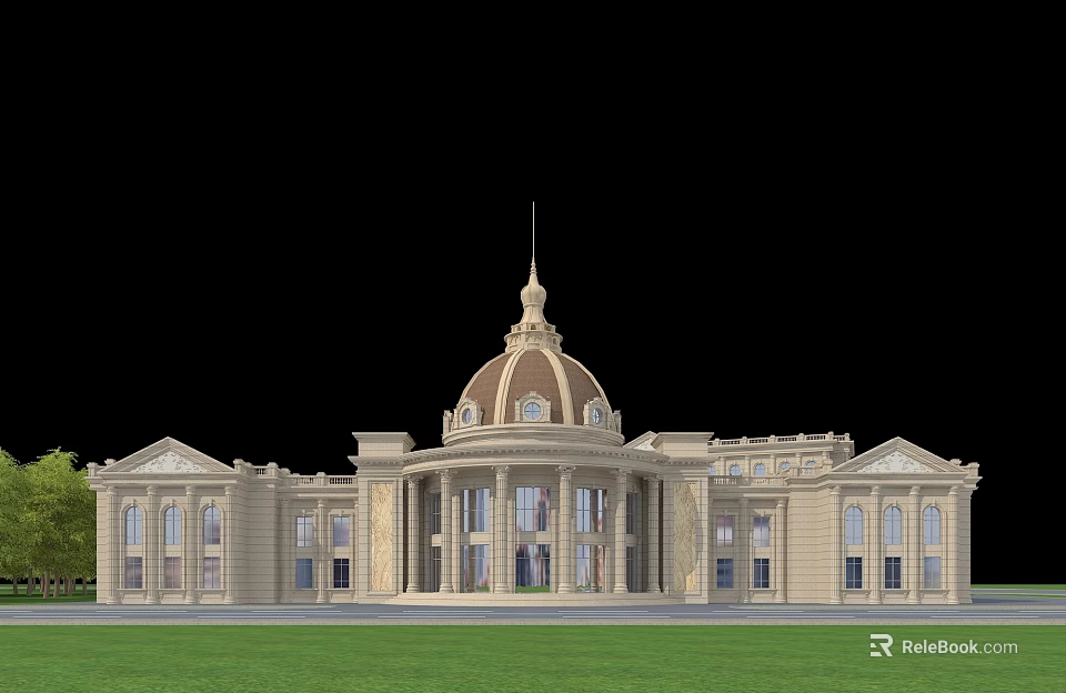 European Architecture Grand Exterior With Central Dome Columns And Green Lawn Front View 3d model 