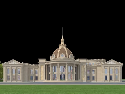 European Architecture Grand Exterior With Central Dome Columns And Green Lawn Front View 3d model