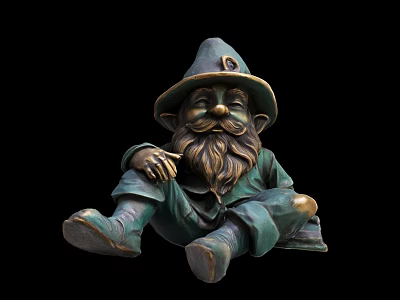 Bronze Sitting Gnome Decorative Figurine Set With Bearded Face And Hat 3d model