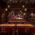 Modern Bar Interior With Wooden Tables Ceiling Lights And Decorative Mural