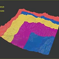 Colorful 3D Topographic Landscape Featuring Green Purple Blue Terrain Textures and Mountain Valleys