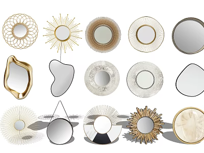 Various Decorative Mirrors with Round Irregular Shapes and Gold Metal Frames 3d model