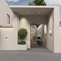 Modern Courtyard Design With White Buildings Arched Doorway Green Plants And Benches
