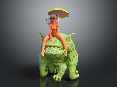 Female Character In Bikini Riding Green Monster With Yellow Umbrella And Sunglasses 3d model