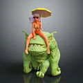 Female Character In Bikini Riding Green Monster With Yellow Umbrella And Sunglasses