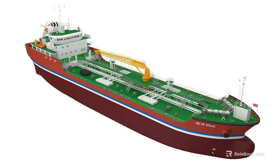 Red Hull Green Deck Cargo Ship Featuring Yellow Crane And Deck Equipment 3d model