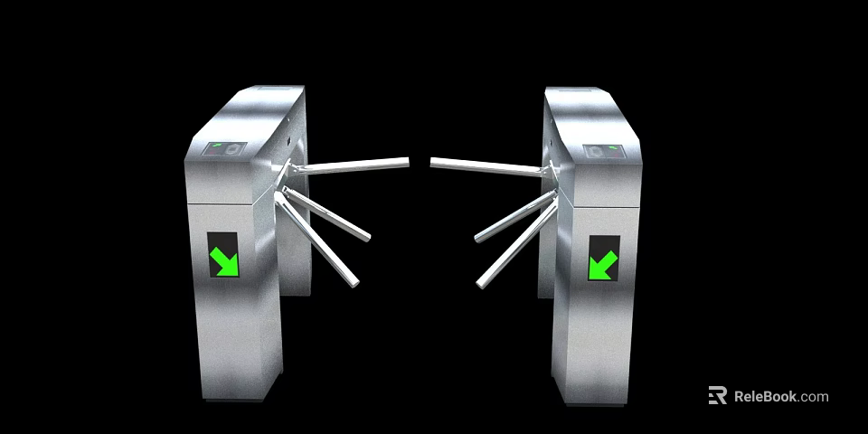 Silver Public Facility Turnstiles With Green Arrow Indicators For Entry Control 3d model