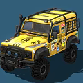 Yellow Custom Off Road Vehicle With Roof Rack Decals And Large Off Road Tires