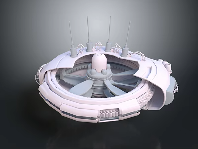 Futuristic Industrial Equipment with Circular Structure Central Sphere Antennas and Turbine Blades 3d model
