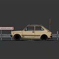 Beige Vintage Car For Sale Parked By Guardrail In Snowy Area With Sign