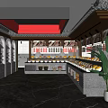 Buffet Restaurant Interior With Food Display Counters Dishes Marble Flooring Red Ceiling And Green Plants