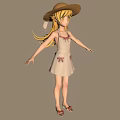 Cartoon Girl With Straw Hat Long Yellow Hair In Light Dress And Red Sandals
