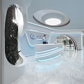 Modern Front Desk Reception With Curved Counter LED Lighting Marble Floor And Green Plant Decoration