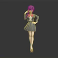 Anime Style Game Character In Gray School Uniform With Purple Hair Glasses And Pink Bow