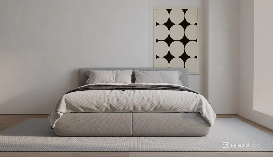 Modern Double Bed With Gray Upholstered Frame Soft Pillows White Wall And Circular Pattern Decor 3d model