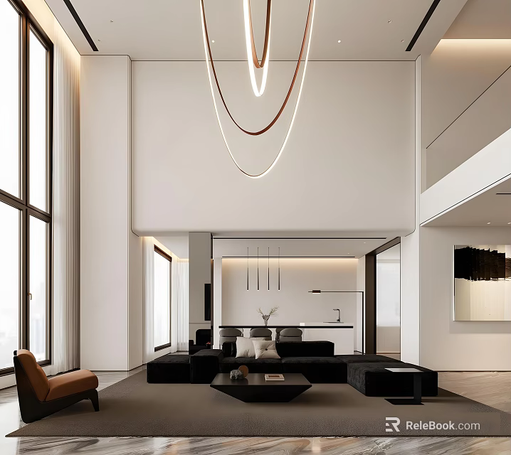 Modern Living Room Interior Design With Circular Pendant Lights Black Sofa And Large Windows 3d model 