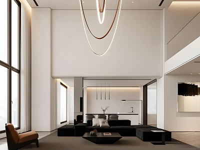 Modern Living Room Interior Design With Circular Pendant Lights Black Sofa And Large Windows 3d model