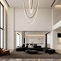 Modern Living Room Interior Design With Circular Pendant Lights Black Sofa And Large Windows