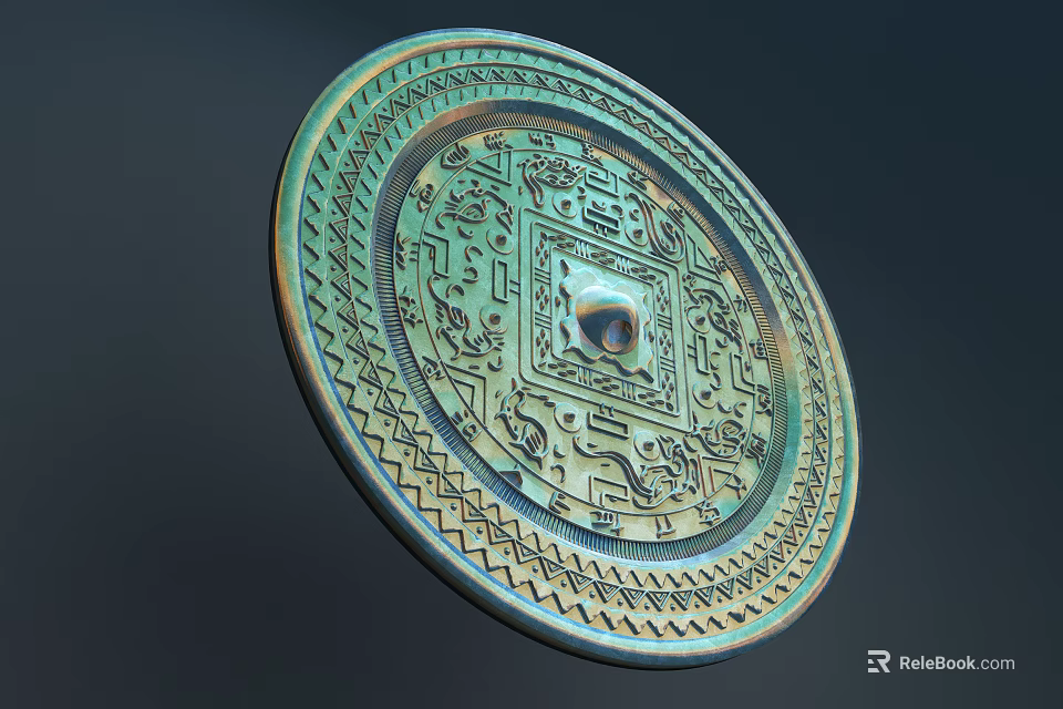 Vintage Bronze Round Mirror With Intricate Carved Patterns And Square Center 3d model 