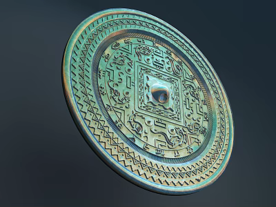 Vintage Bronze Round Mirror With Intricate Carved Patterns And Square Center 3d model