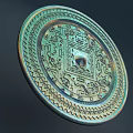 Vintage Bronze Round Mirror With Intricate Carved Patterns And Square Center
