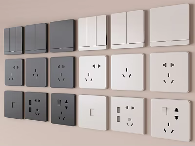 Modern Switch Panels in White and Gray with Various Designs and USB Ports 3d model