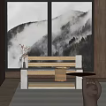 Wooden Public Chair With Stone Frame Relax Towel And Mountain Landscape Backdrop