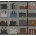 Various Stylish Handbags Neatly Arranged in Grid Display Compartments with Different Colors