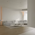 Modern Open Concept Living Dining Room With Wooden Sofa And Coffee Table