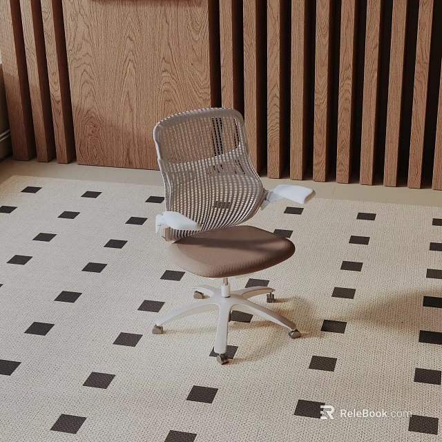 Leisure Chair With Mesh Back Armrests Brown Seat Swivel Base On Checkered Carpet Wooden Background 3d model 