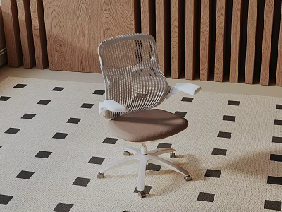 Leisure Chair With Mesh Back Armrests Brown Seat Swivel Base On Checkered Carpet Wooden Background 3d model