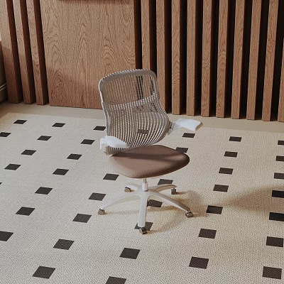 Leisure Chair With Mesh Back Armrests Brown Seat Swivel Base On Checkered Carpet Wooden Background 3d model