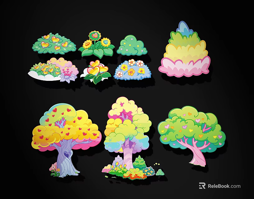 Colorful Cartoon Trees And Flowers With Various Shapes And Vibrant Designs 3d model 
