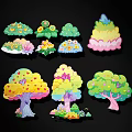 Colorful Cartoon Trees And Flowers With Various Shapes And Vibrant Designs
