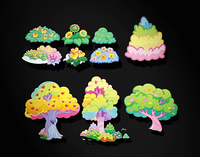 Colorful Cartoon Trees And Flowers With Various Shapes And Vibrant Designs 3d model