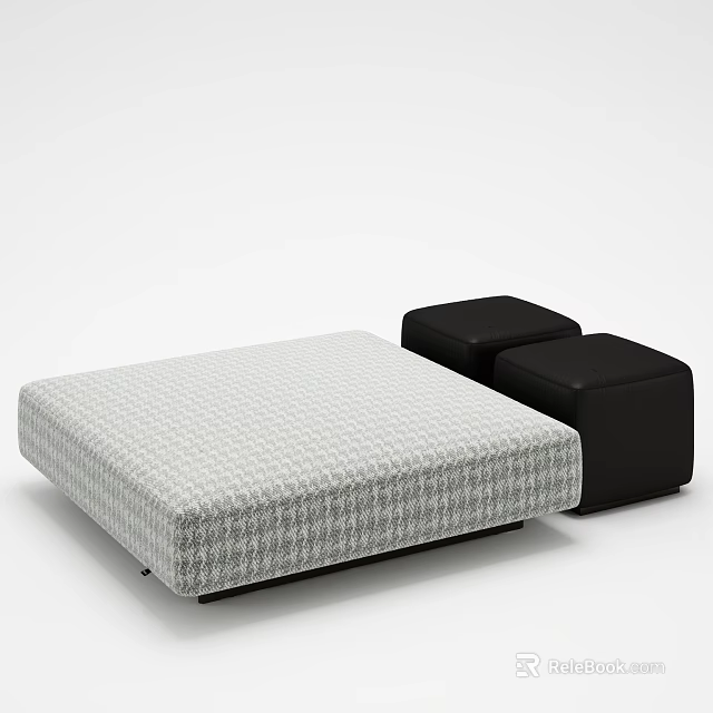 Light Gray Plaid Pattern Ottoman With Two Small Black Stools In Simple Modern Style 3d model 