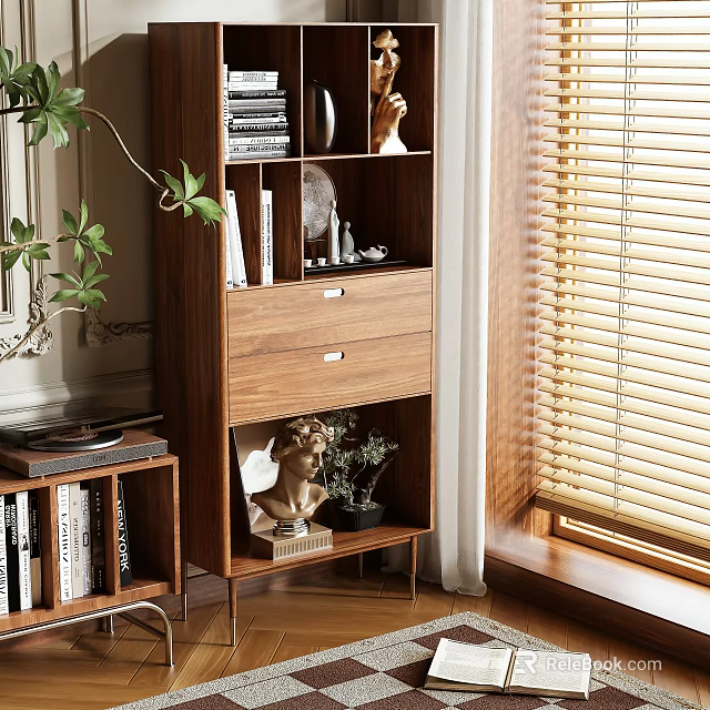 Elegant Wooden Bookcase Interior With Books Decorative Statue Drawers And Window Blinds 3d model 