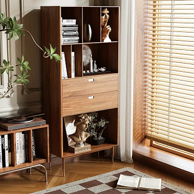 Elegant Wooden Bookcase Interior With Books Decorative Statue Drawers And Window Blinds 3d model