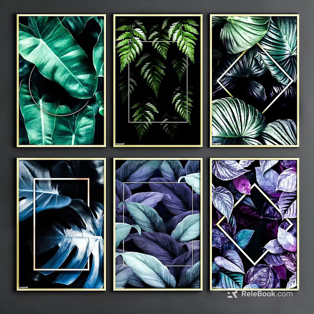 Botanical Paintings with Diverse Colored Leaves Geometric Accents and Black Gold Frames 3d model 