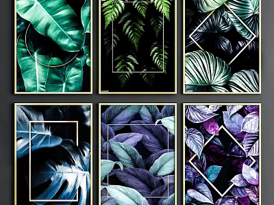 Botanical Paintings with Diverse Colored Leaves Geometric Accents and Black Gold Frames 3d model