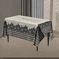 Stylish Dining Table With Black And White Checkerboard Floral Pattern Tablecloth Near Window With Blinds
