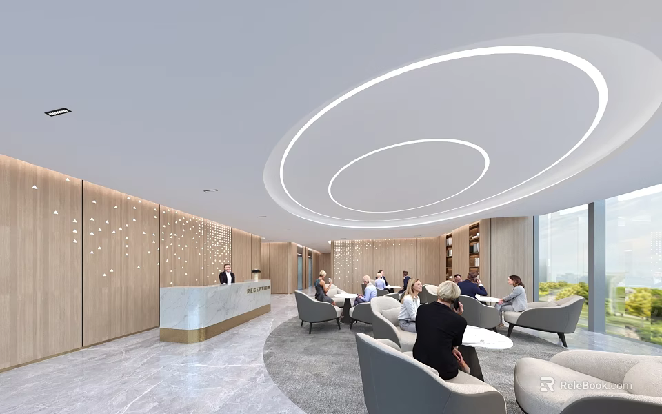 Elegant Modern Office Reception Counter With Warm Wooden Decor And Spacious Comfortable Guest Lounge Area 3d model 