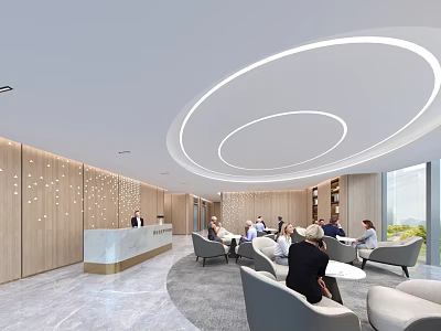 Elegant Modern Office Reception Counter With Warm Wooden Decor And Spacious Comfortable Guest Lounge Area 3d model