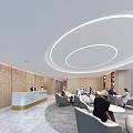 Elegant Modern Office Reception Counter With Warm Wooden Decor And Spacious Comfortable Guest Lounge Area
