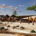 Desert Park Landscape Featuring Camels People Palm Trees Thatched Huts And Sand Dunes