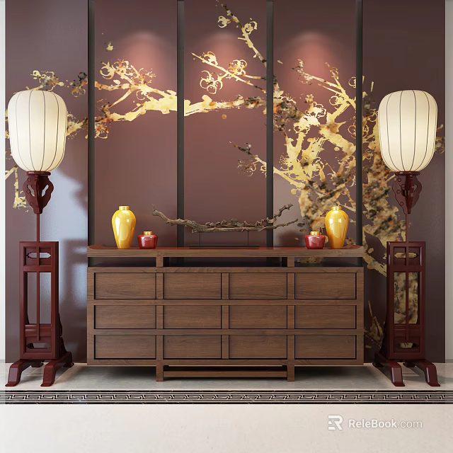 Entryway Wooden Cabinet with Drawers Yellow Red Vases Red Lamps and Golden Branch Screen 3d model 