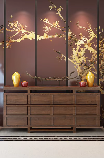 Entryway Wooden Cabinet with Drawers Yellow Red Vases Red Lamps and Golden Branch Screen 3d model