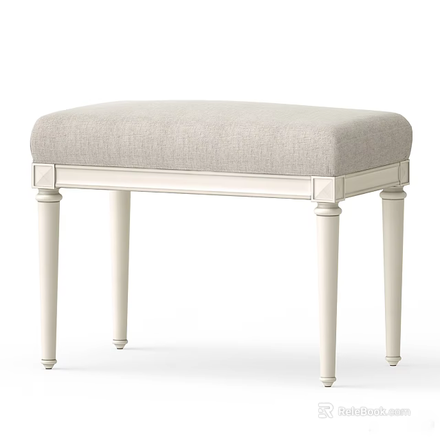Simple Light Gray Cushioned Ottoman Bench With White Wooden Frame Legs 3d model